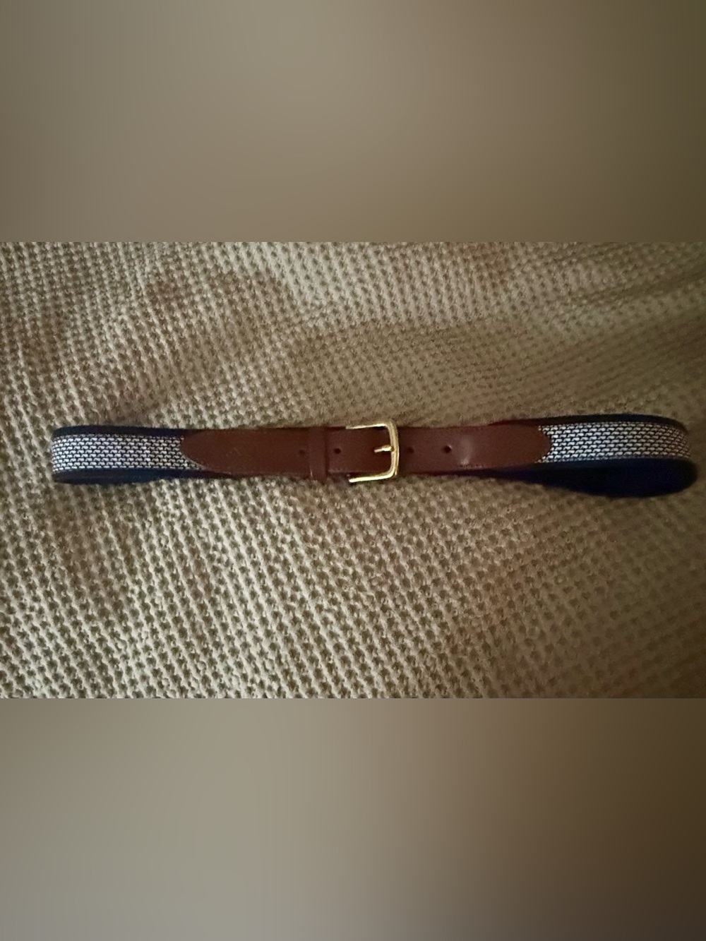 Vineyard Vines Brown Leather & Navy Woven Belt with Gold Buckle